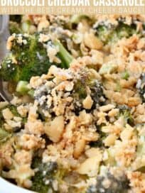 broccoli casserole in dish with cracker topping