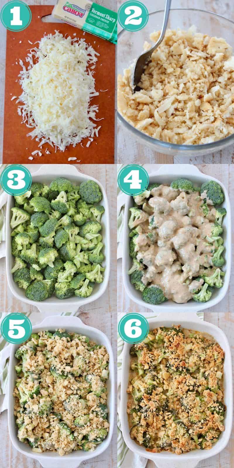 collage of images showing how to make broccoli cheddar casserole with ritz cracker topping