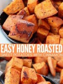 cubes of roasted sweet potatoes in spoon and bowl