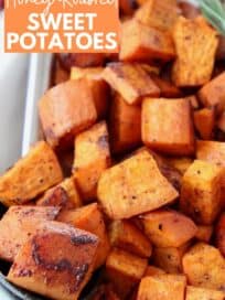 cubes of honey roasted sweet potatoes in bowl