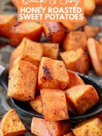 cubes of roasted sweet potatoes in serving spoon