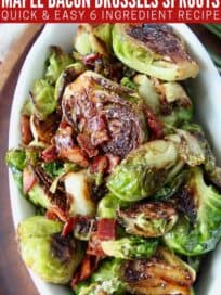 overhead image of pan fried brussels sprouts in serving dish with diced bacon bits