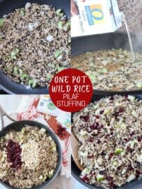 collage of images showing how to make wild rice pilaf stuffing