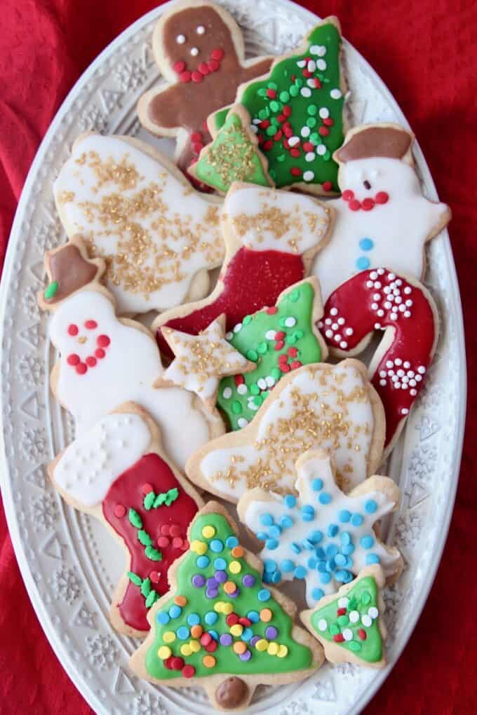Overhead image of decorated sugar cookies on plate