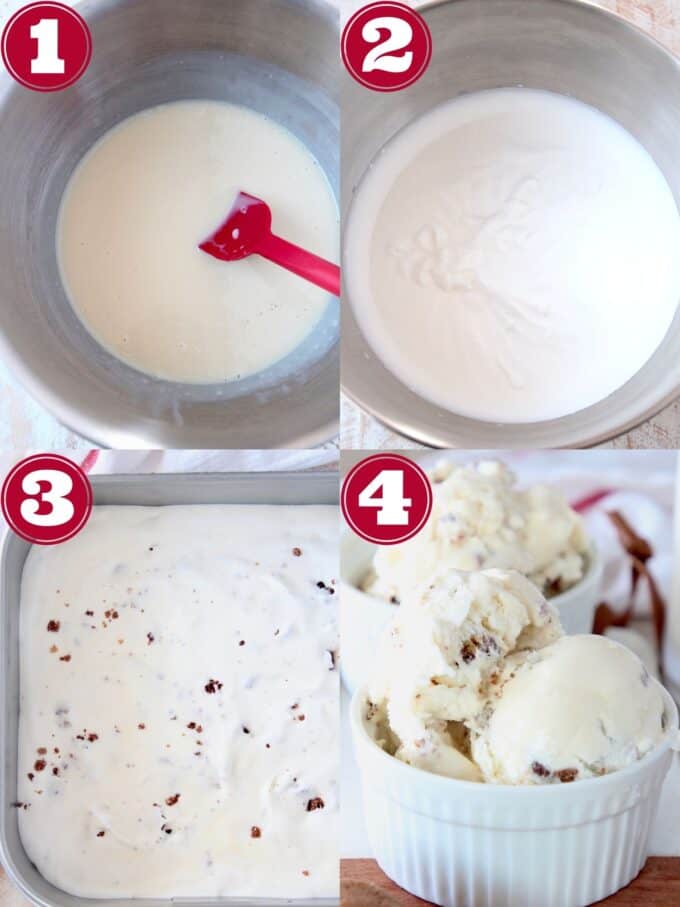 collage of images showing how to make no churn milk and cookies ice cream