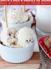 scoops of ice cream in white bowl with gold spoon