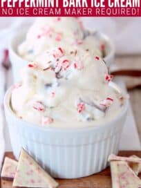 Scoops of peppermint bark ice cream in white bowl