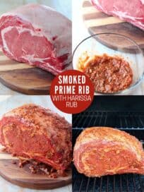 collage of images showing how to make harissa rubbed smoked prime rib