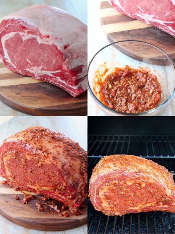 collage of images showing how to make harissa rubbed smoked prime rib