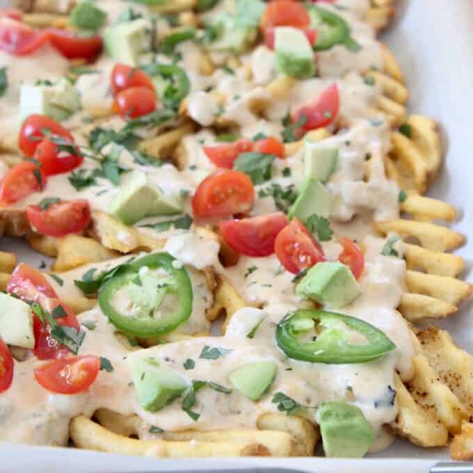 Waffle Fry Nachos with Green Chili Cheese Sauce