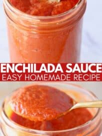 spoon in mason jar of enchilada sauce