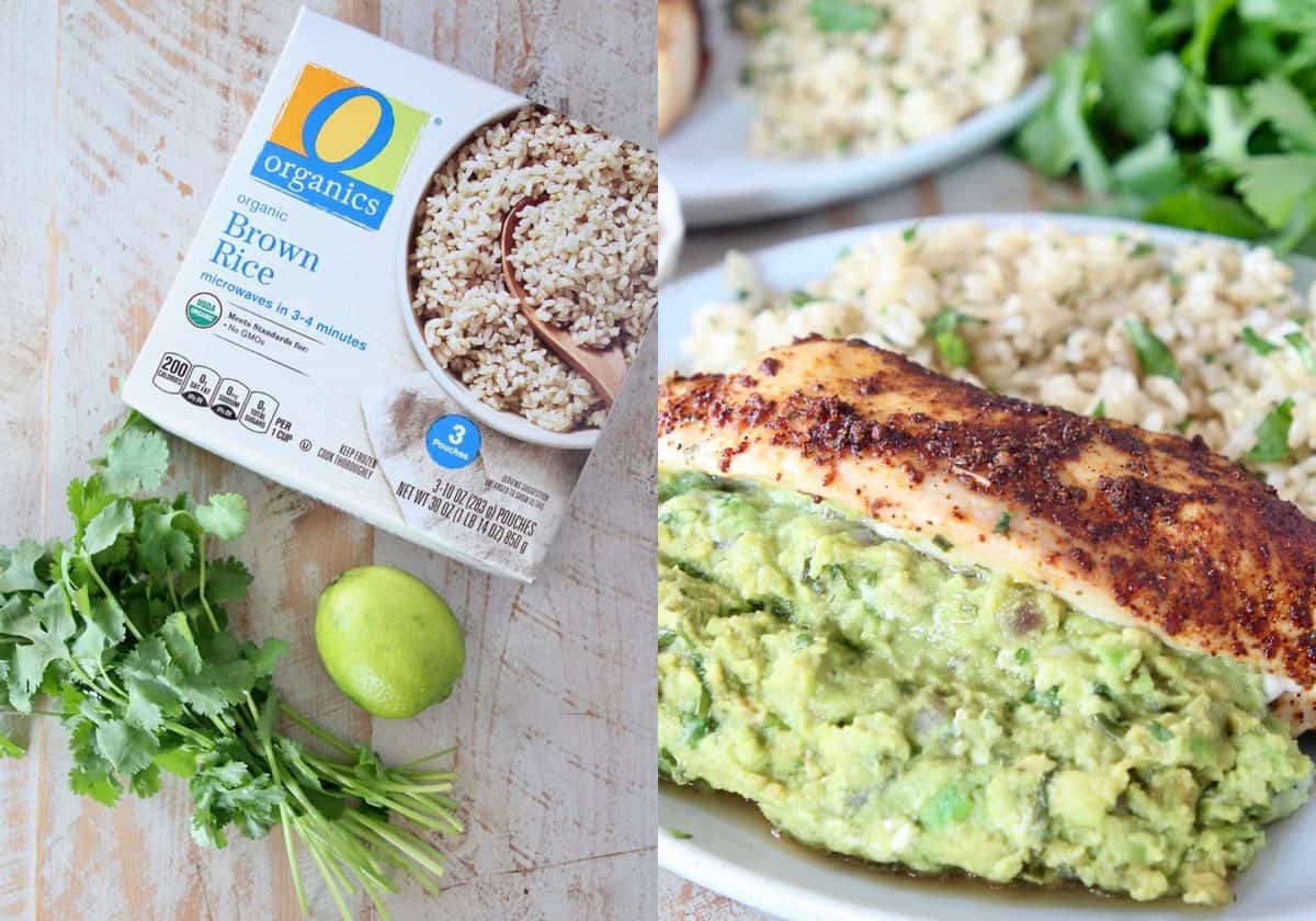 collage of images showing ingredients for cilantro lime brown rice and rice plated on a dish with guacamole stuffed chicken