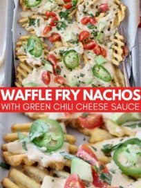 waffle fry nachos on baking sheet topped with cheese sauce and jalapenos
