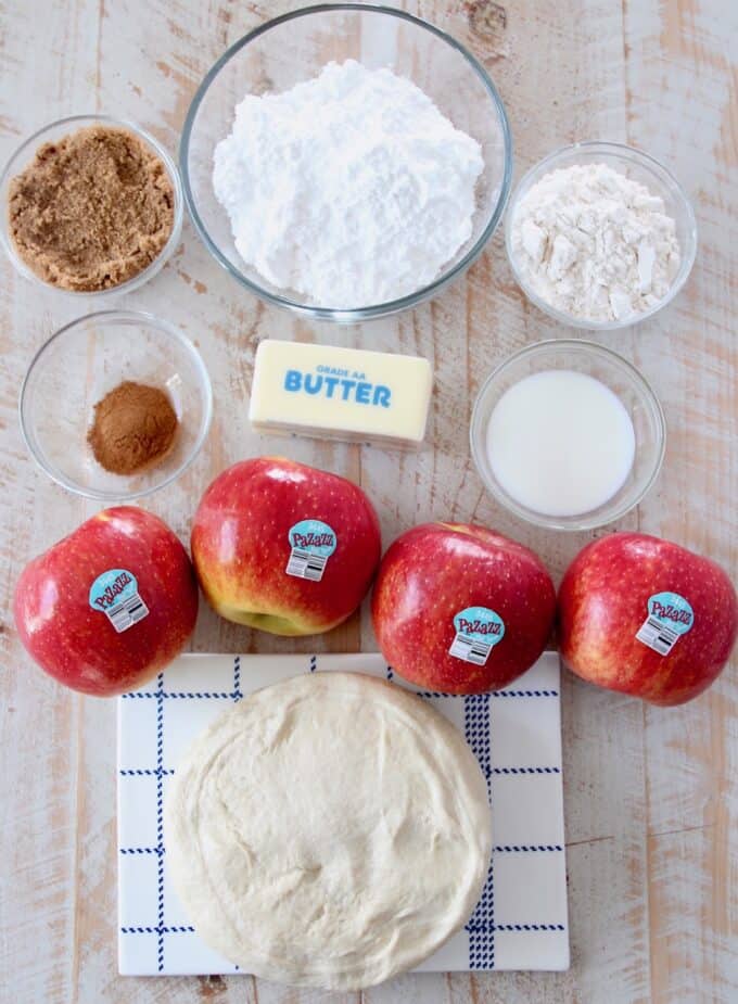 overhead image of ingredients for apple pizza