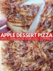 apple dessert pizza on serving tray, cut into slices