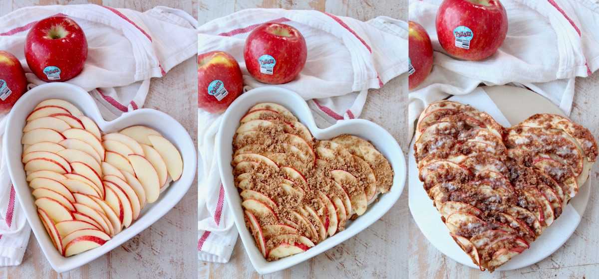 collage of images showing how to make a heart shaped apple pizza