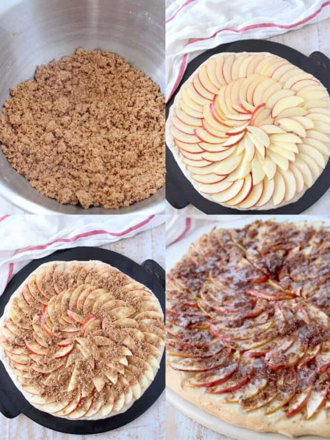 collage of images showing how to make apple dessert pizza