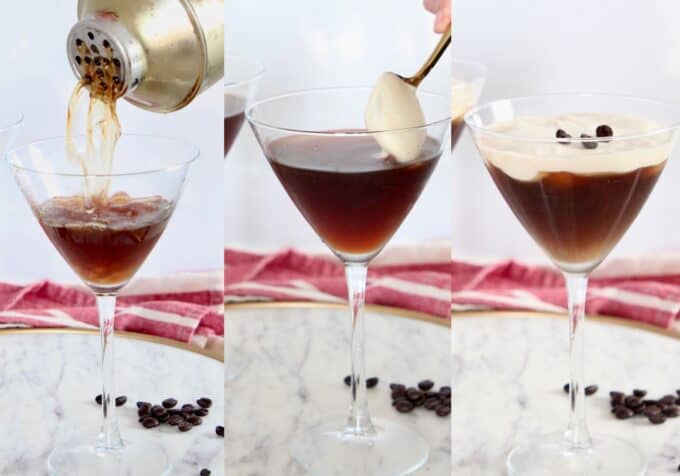 collage of images showing how to make an espresso martini