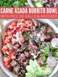 grilled steak in bowl with diced tomatoes and sliced avocado