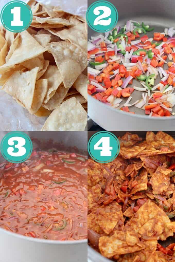 collage of images showing how to make chilaquiles rojos