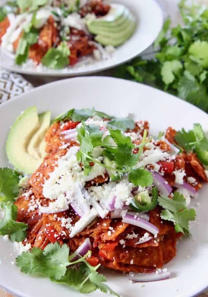 chilaquiles on plate topped with cilantro and red onion