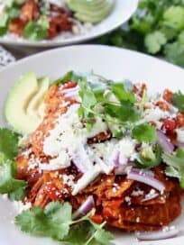 chilaquiles on plate topped with fresh cilantro and red onion