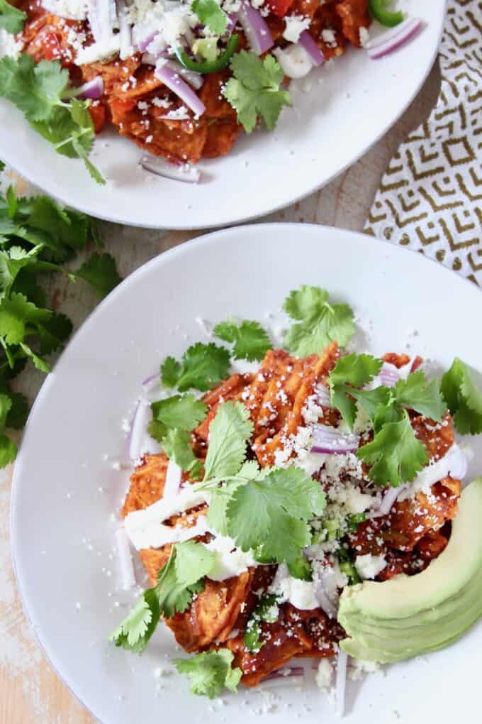 chilaquiles on white plate, topped with cilantro and avocado