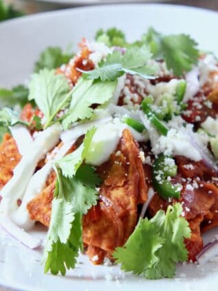 chilaquiles on plate topped with cilantro and cheese