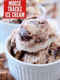 scoops of moose tracks ice cream in small white bowl
