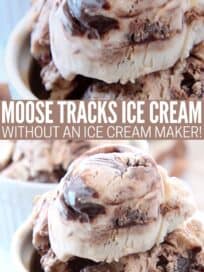 scoops of moose tracks ice cream in small white bowl