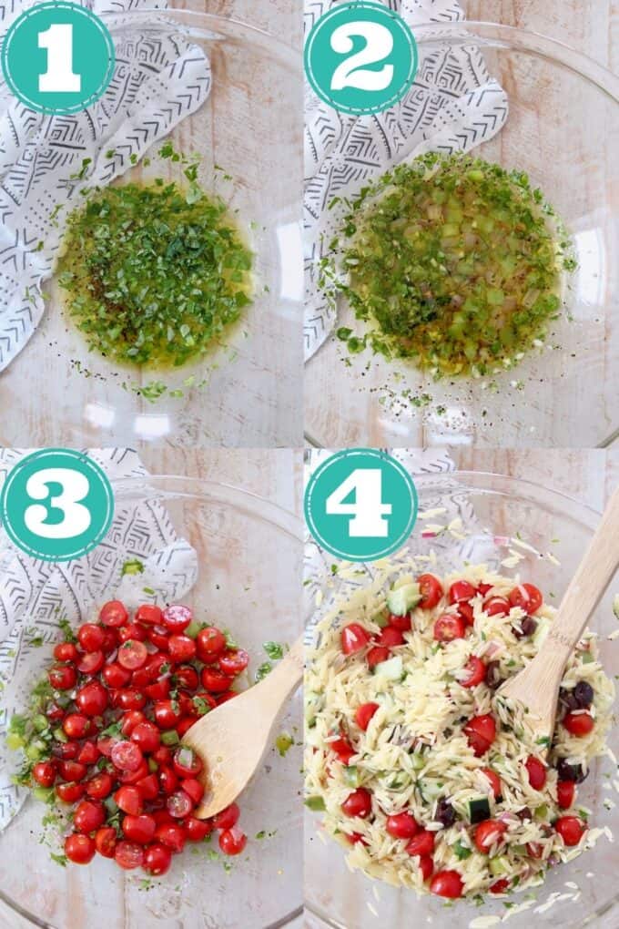collage of images showing how to make greek orzo salad
