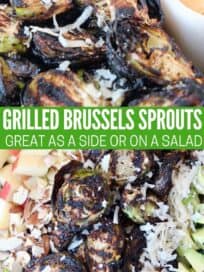 grilled brussels sprouts in bowl and on top of a salad