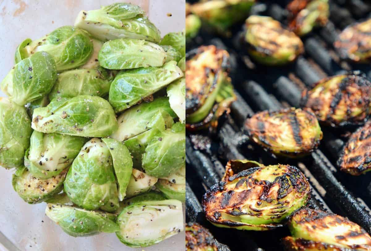 collage of images showing how to make grilled brussels sprouts