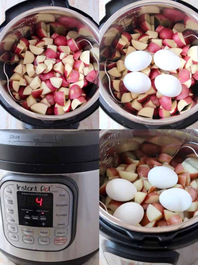 collage of images showing how to make instant pot potato salad