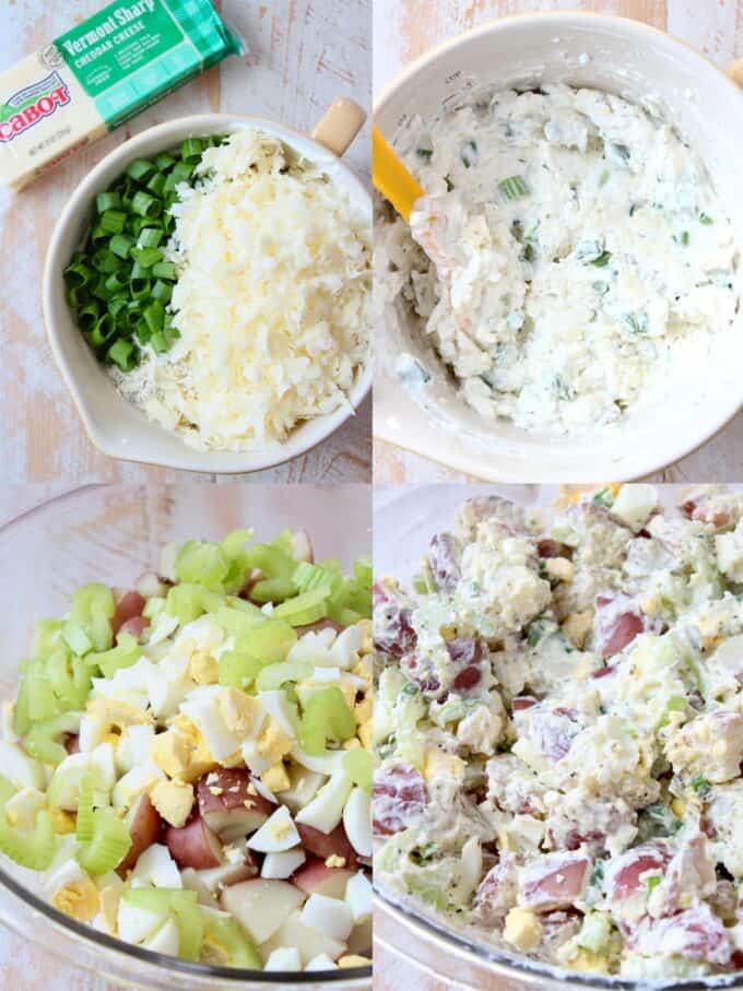 collage of images showing how to make cheddar ranch potato salad