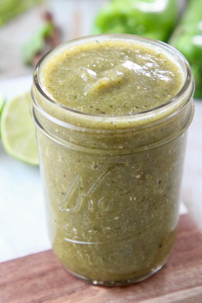 green enchilada sauce in mason jar