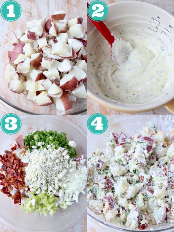 collage of images showing how to make blue cheese potato salad