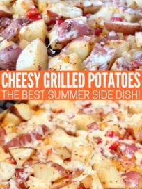 grilled cubed potatoes in foil covered with cheese