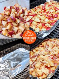 collage of images showing how to make cheesy grilled potatoes