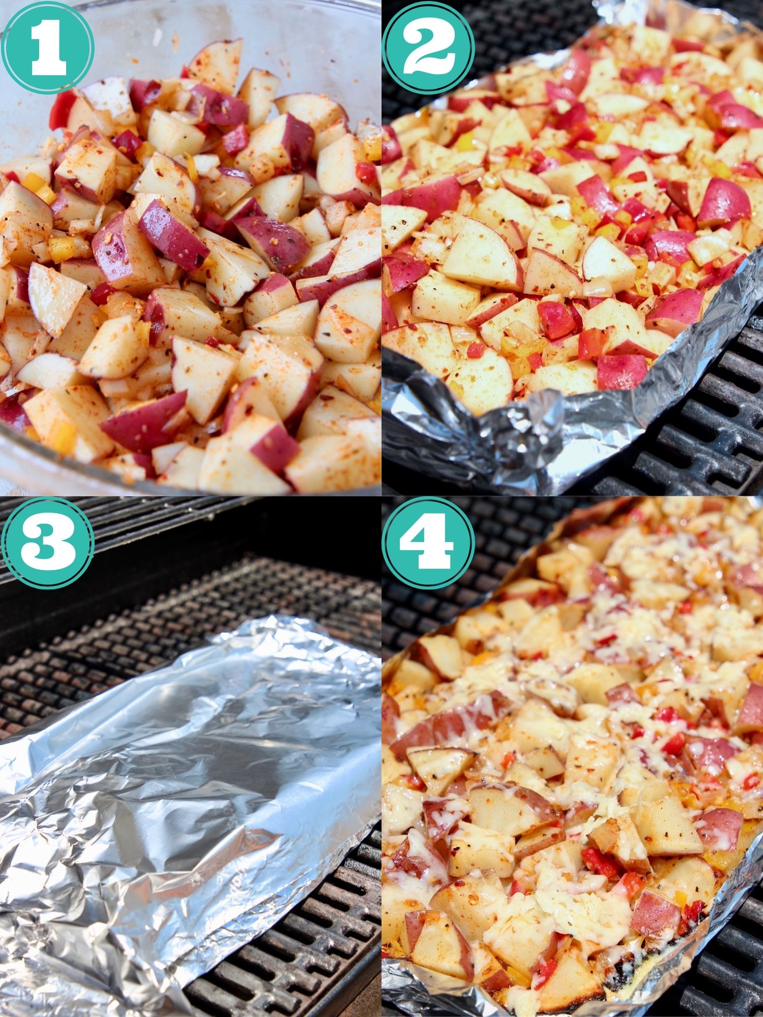 collage of images showing how to make cheesy grilled potatoes
