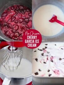 collage of images showing how to make no churn cherry garcia ice cream