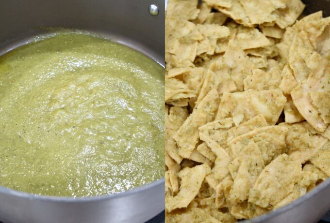 collage of images showing how to make chilaquiles verdes