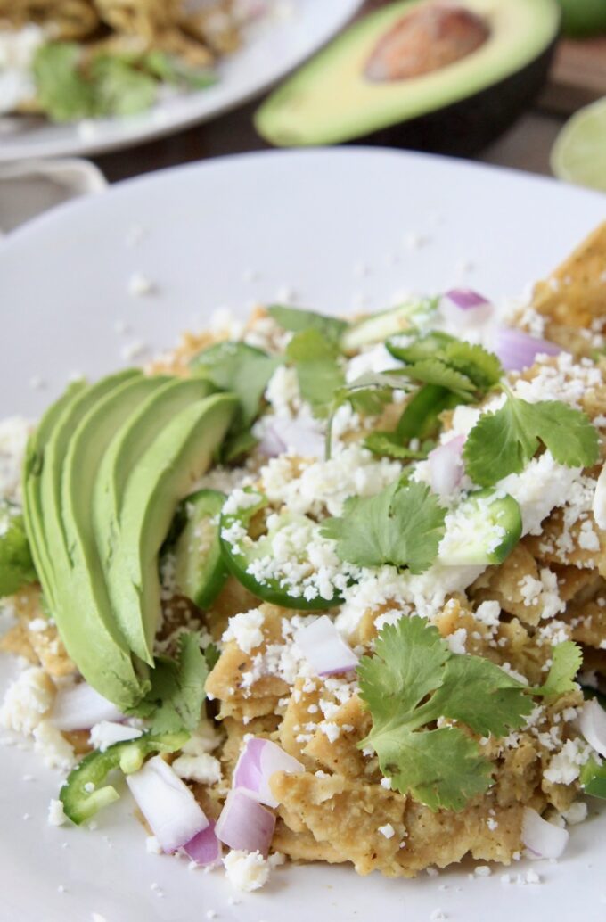 chilaquiles on plate with cilantro, onion and avocado