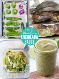 collage of images showing how to make green enchilada sauce