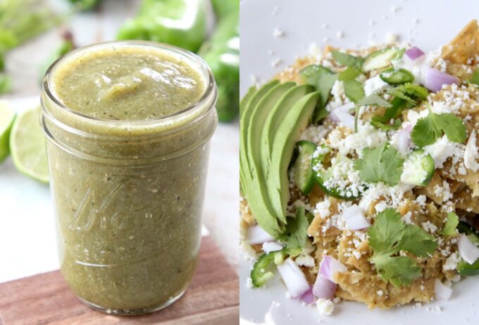 collage of images showing green enchilada sauce in jar and mixed into chilaquiles on plate