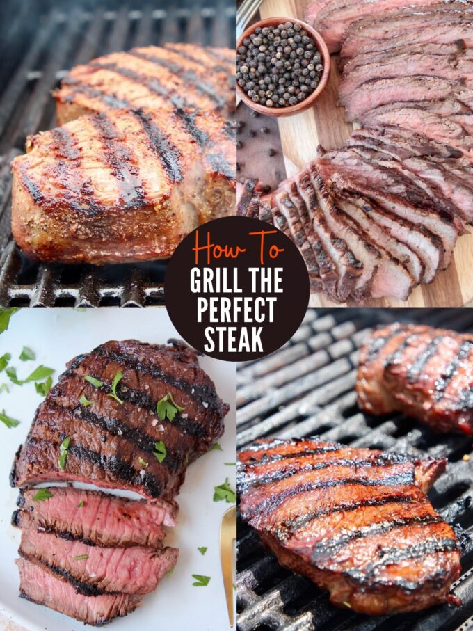 collage of images showing steaks on grill and sliced on plates