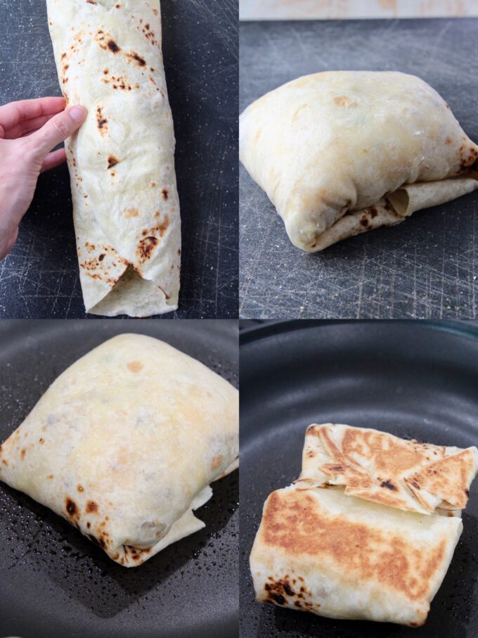 collage of images showing how to roll and cook a burrito