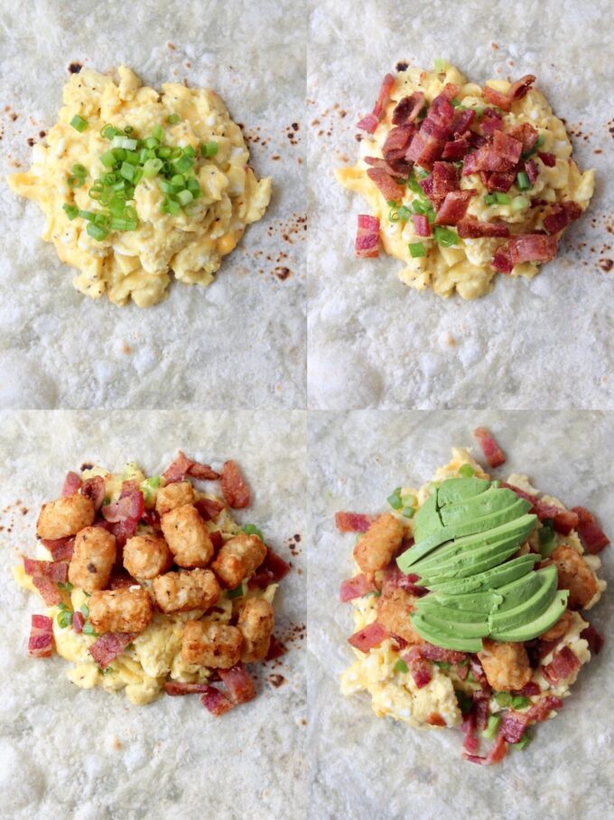 collage of images showing how to make a breakfast burrito