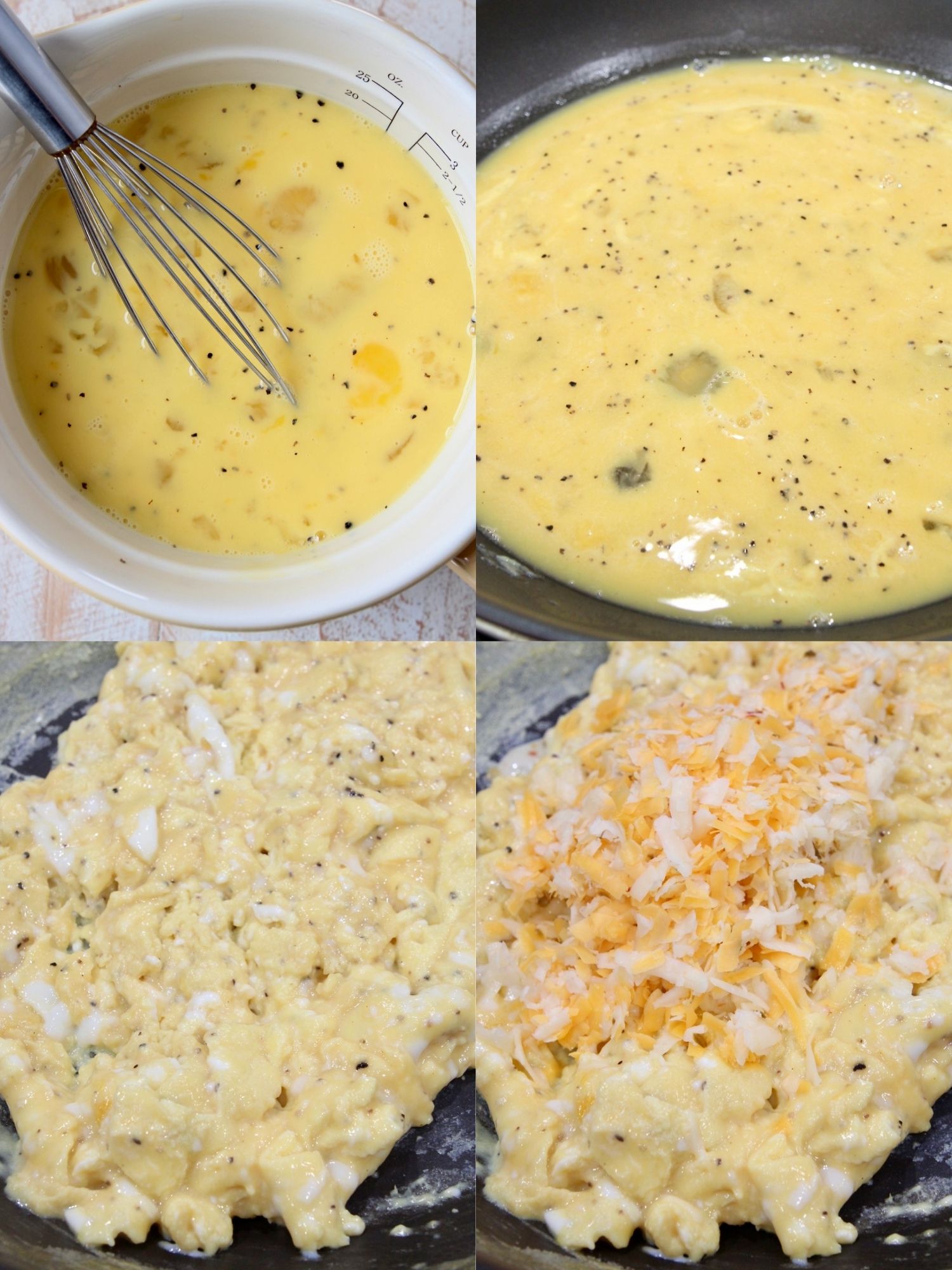 collage of images showing how to make scrambled cheesy eggs