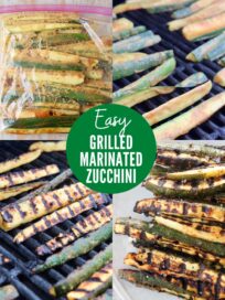 collage of images showing how to marinate and grill zucchini